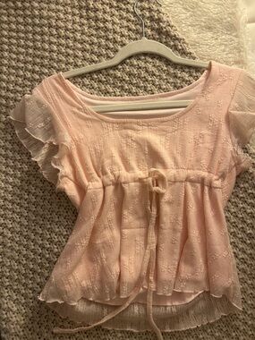 Amazon Women's Light Pink Tie-Front Ruffle Peplum Blouse